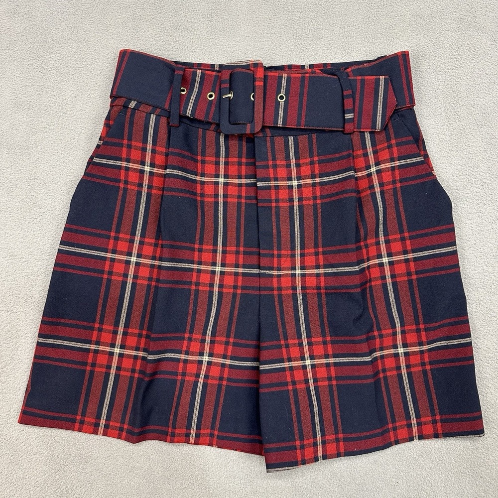 Zara Belted High Waisted Shorts‎ Womens XS Navy Red Plaid Schoolgirl Academia